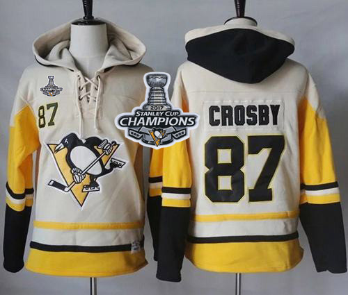 Penguins #87 Sidney Crosby Cream/Gold Sawyer Hooded Sweatshirt Stanley Cup Finals Champions Stitched NHL Jersey